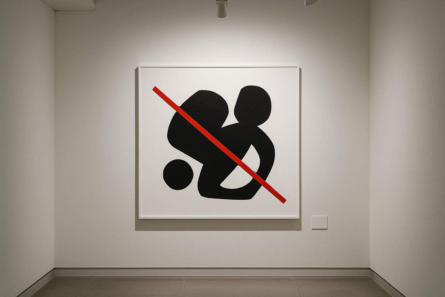 Une disposition type musée épuré avec une œuvre abstraite qui est barrer par une ligne rouge reste dans un style classe simple épuré noir et blanc avec la ligne rouge